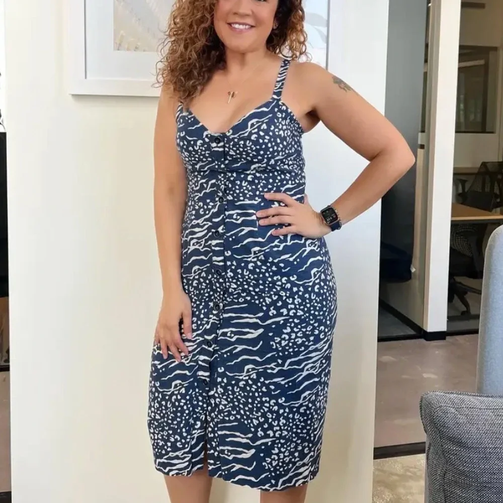 Tanya Taylor Blue Tropical Midi Dress SIZE 22 Linen Sundress Designer $500